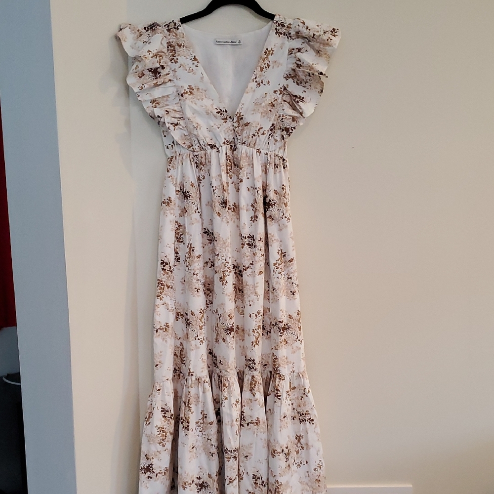 Abercrombie & Fitch White Floral Midi Dress with Brown Print